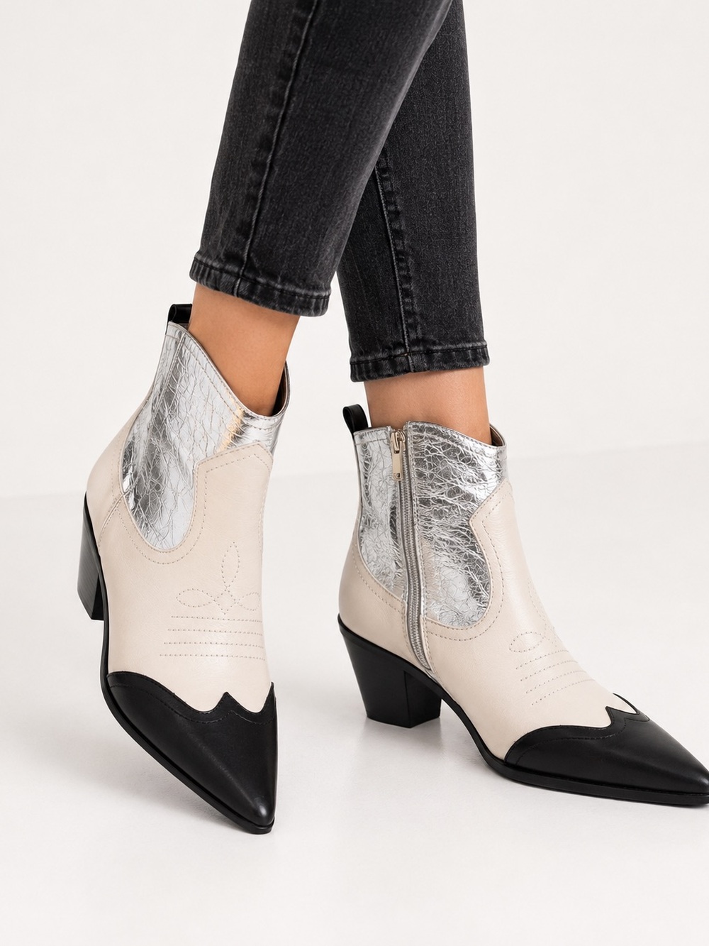 Vince Camuto Two-Tone Pointed Western Ankle Boots - White, Black & Silver